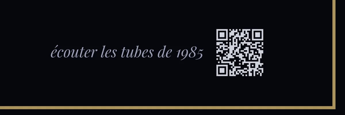 Gros plan du coin bas de l'affiche : « écouter les tubes de 1985 » et son petit QR code