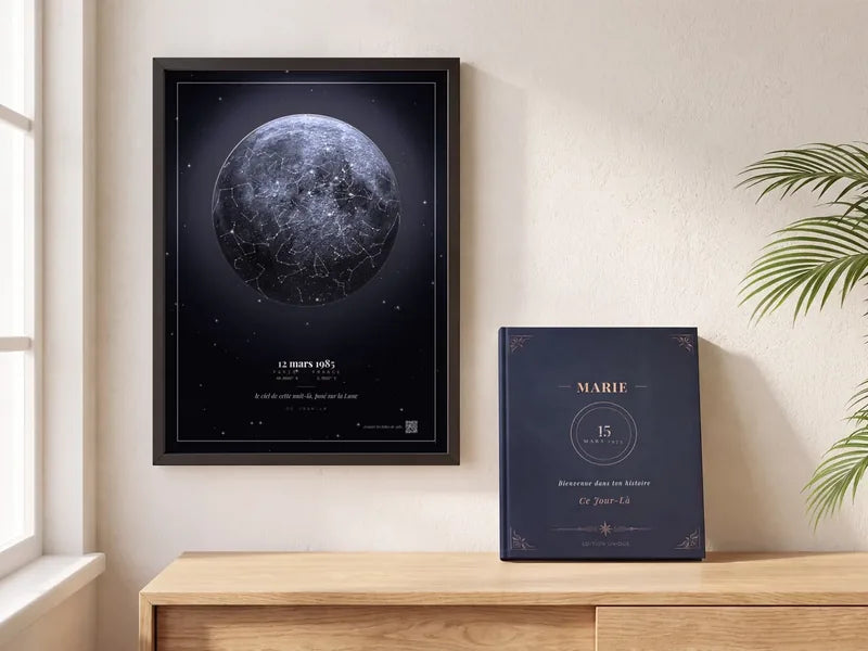 Le Duo : l'affiche de la Lune de sa nuit prête à encadrer, le livre Prestige à son prénom posé dessous