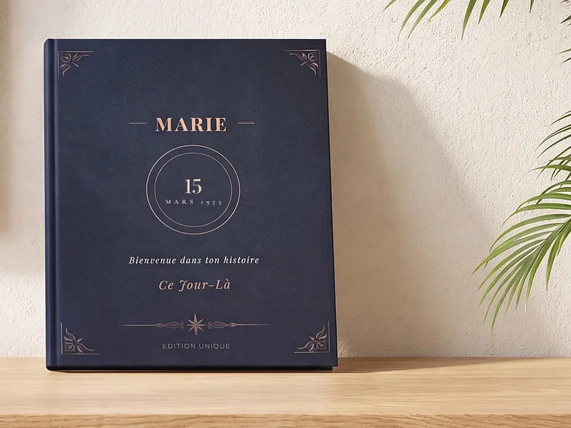 La couverture du Livre — reliure bleu nuit, prénom, date et ornements frappés d'or