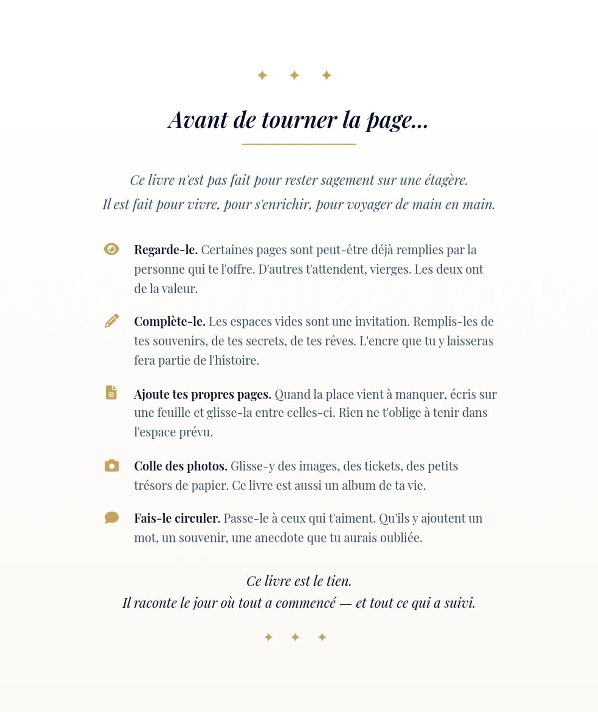 Avant de tourner la page — un livre qui se lit, s'écrit et se complète