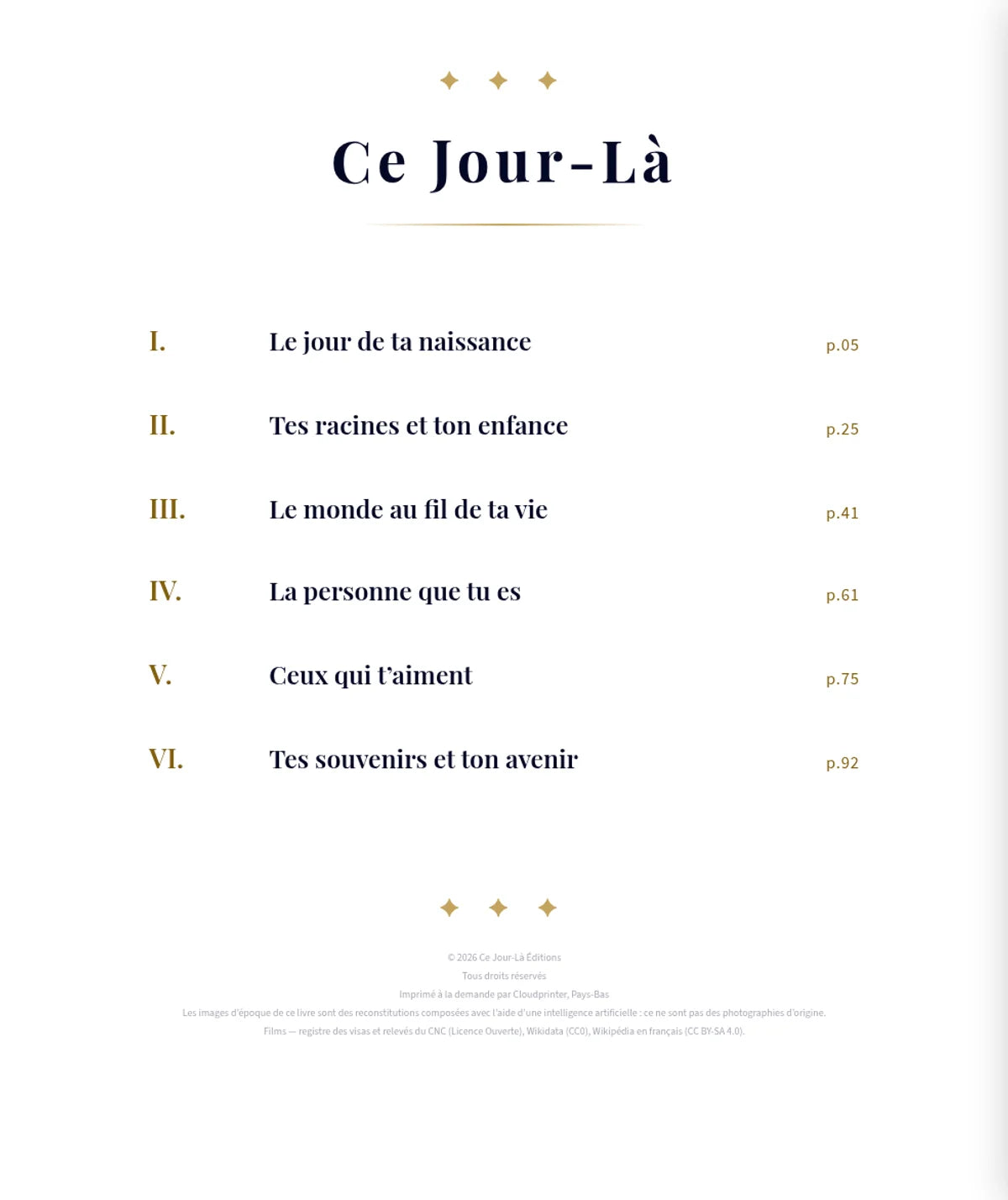 Le sommaire — six chapitres, de sa naissance à demain