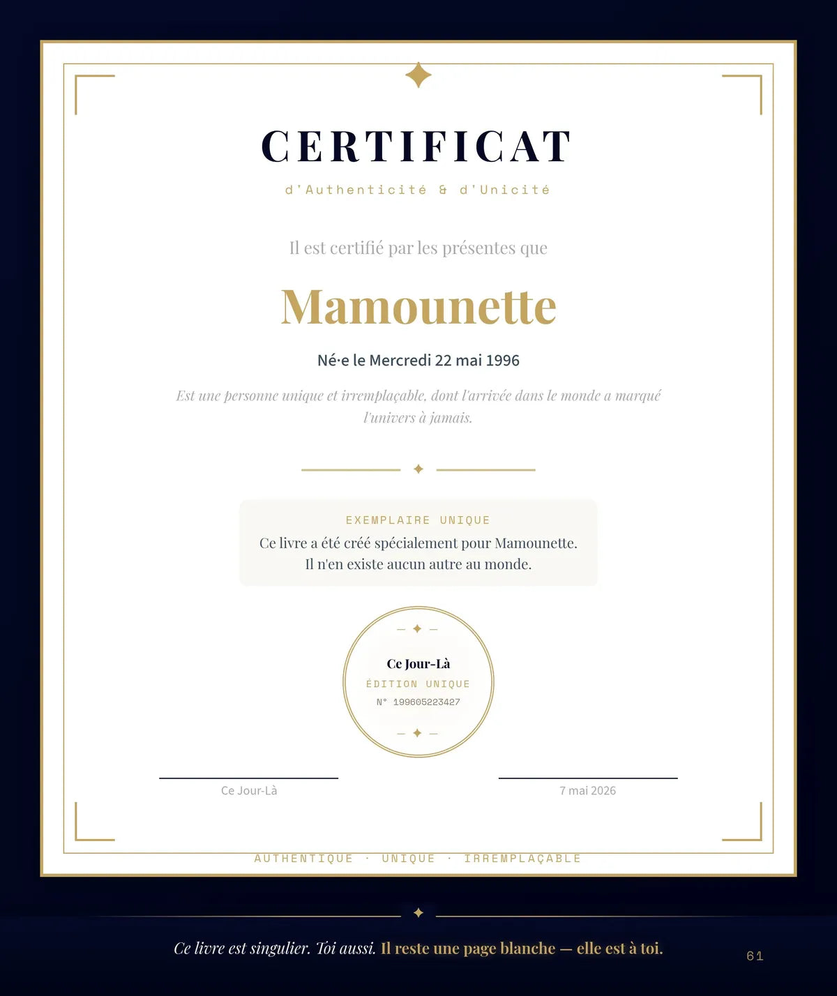 Certificat d'authenticite